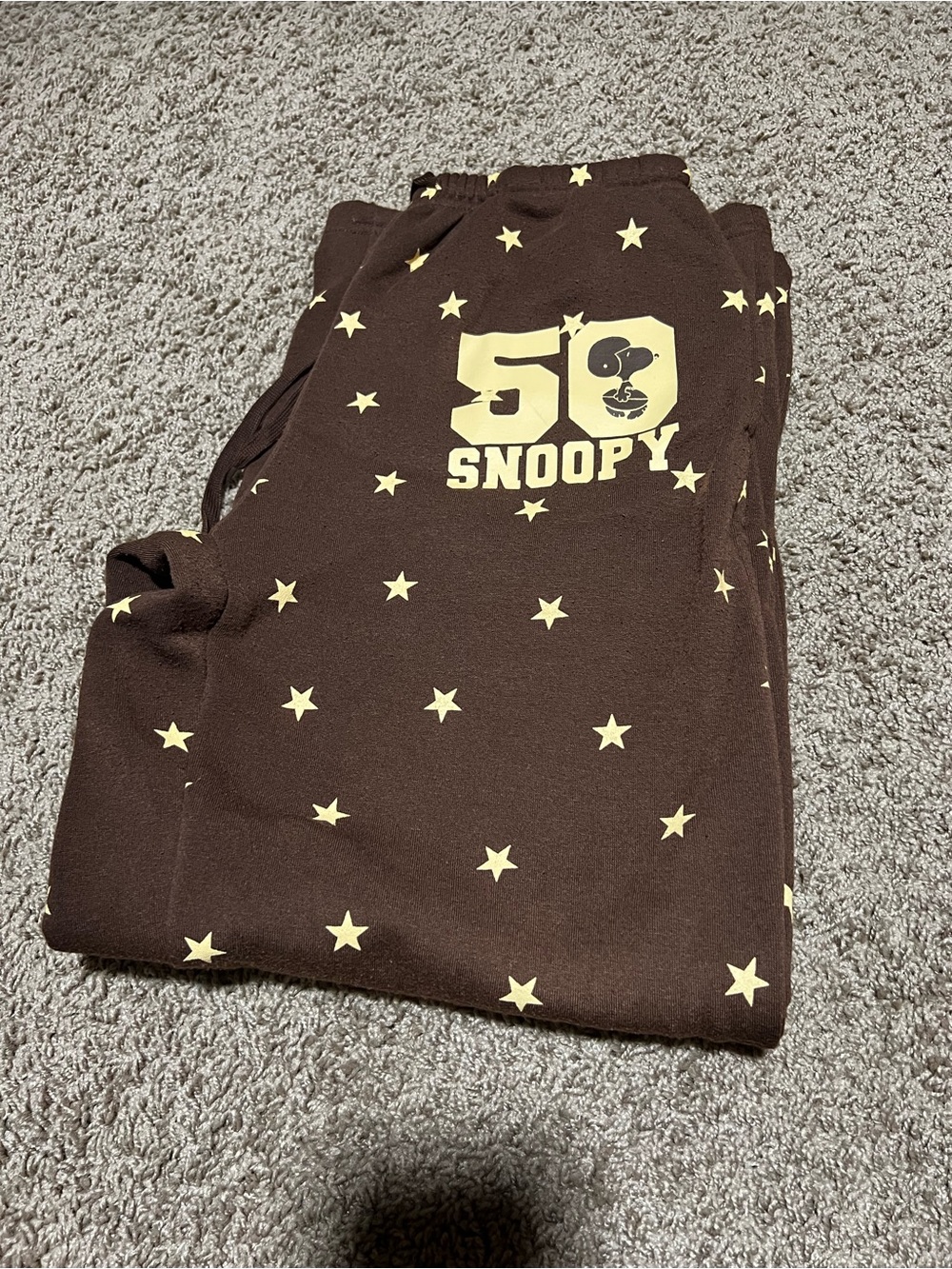 Peanuts Brown Track Pants with Yellow Star & Snoopy Print